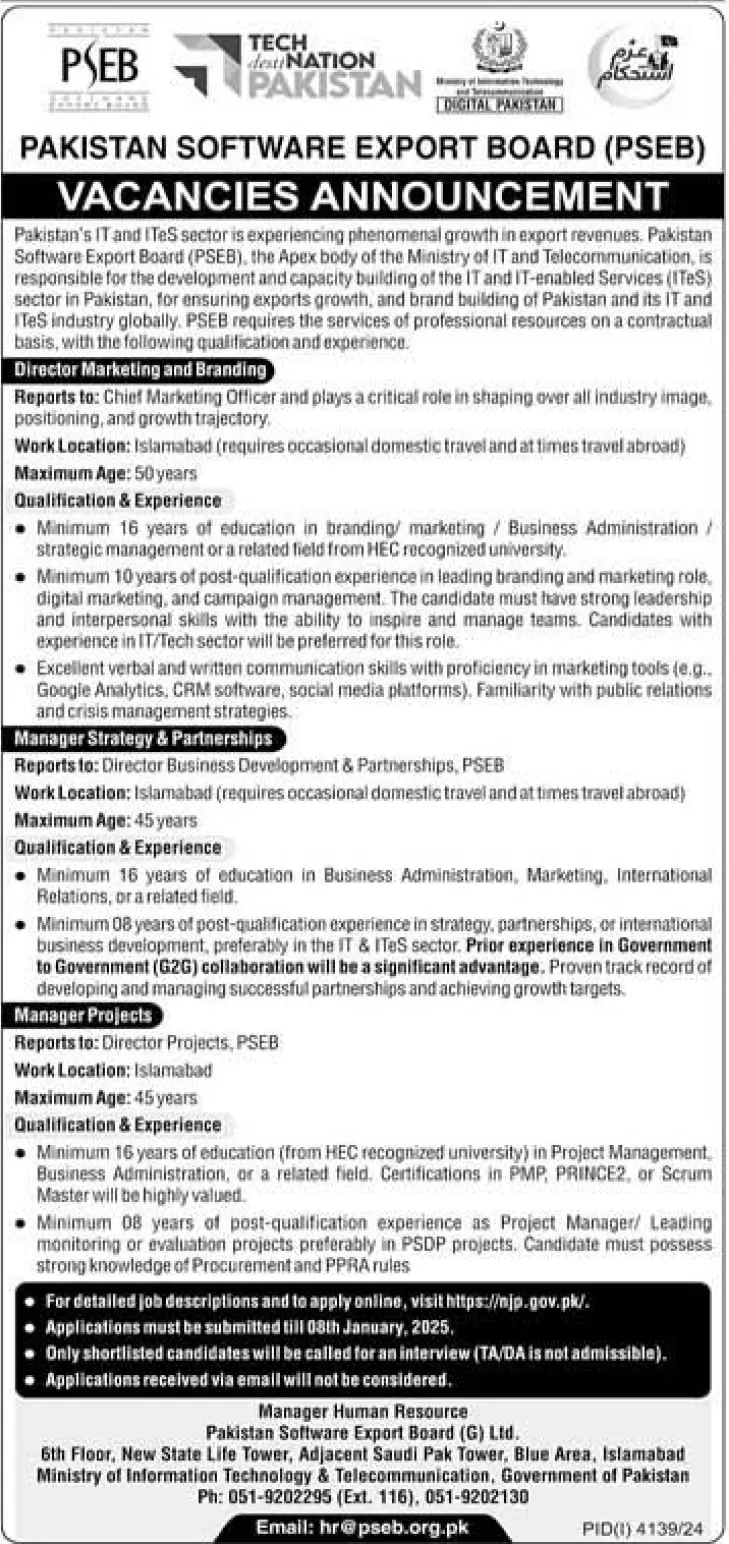 Pakistan Software Export Board PSEB Jobs 2025 Advertisement