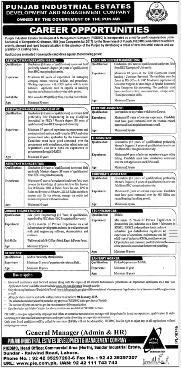 Punjab Industrial Estates Development and Management Company PIEDMC Latest Jobs 2025