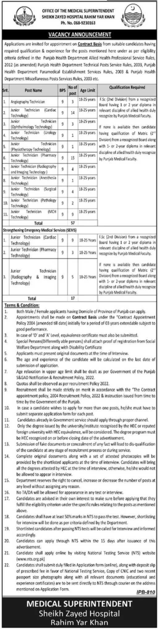 Sheikh Zayed Hospital Rahim Yar Khan Jobs 2025 Advertisement