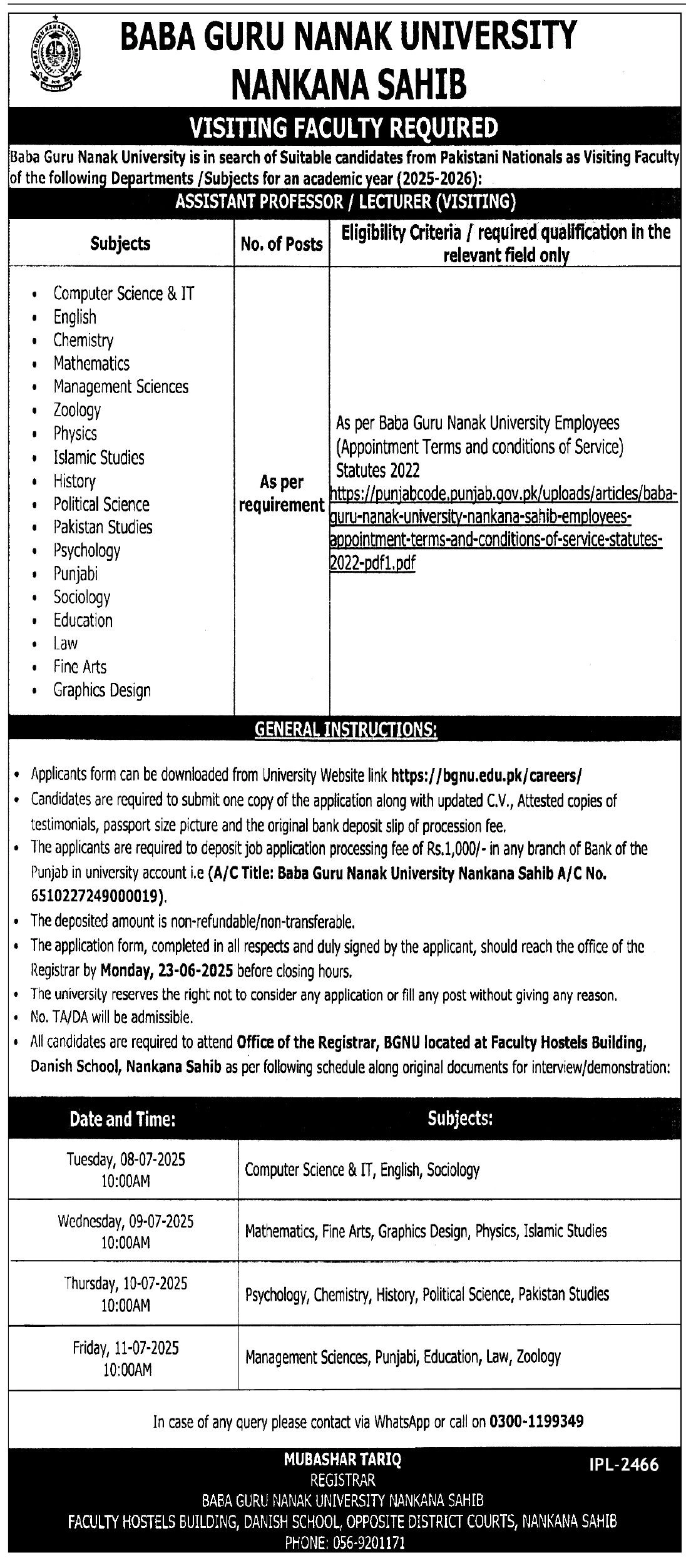lastest Baba Guru Nanak University BGNU Nankana Sahib Jobs 2025 Advertisement