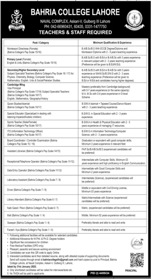 Bahria College Lahore Jobs 2025 Advertisement