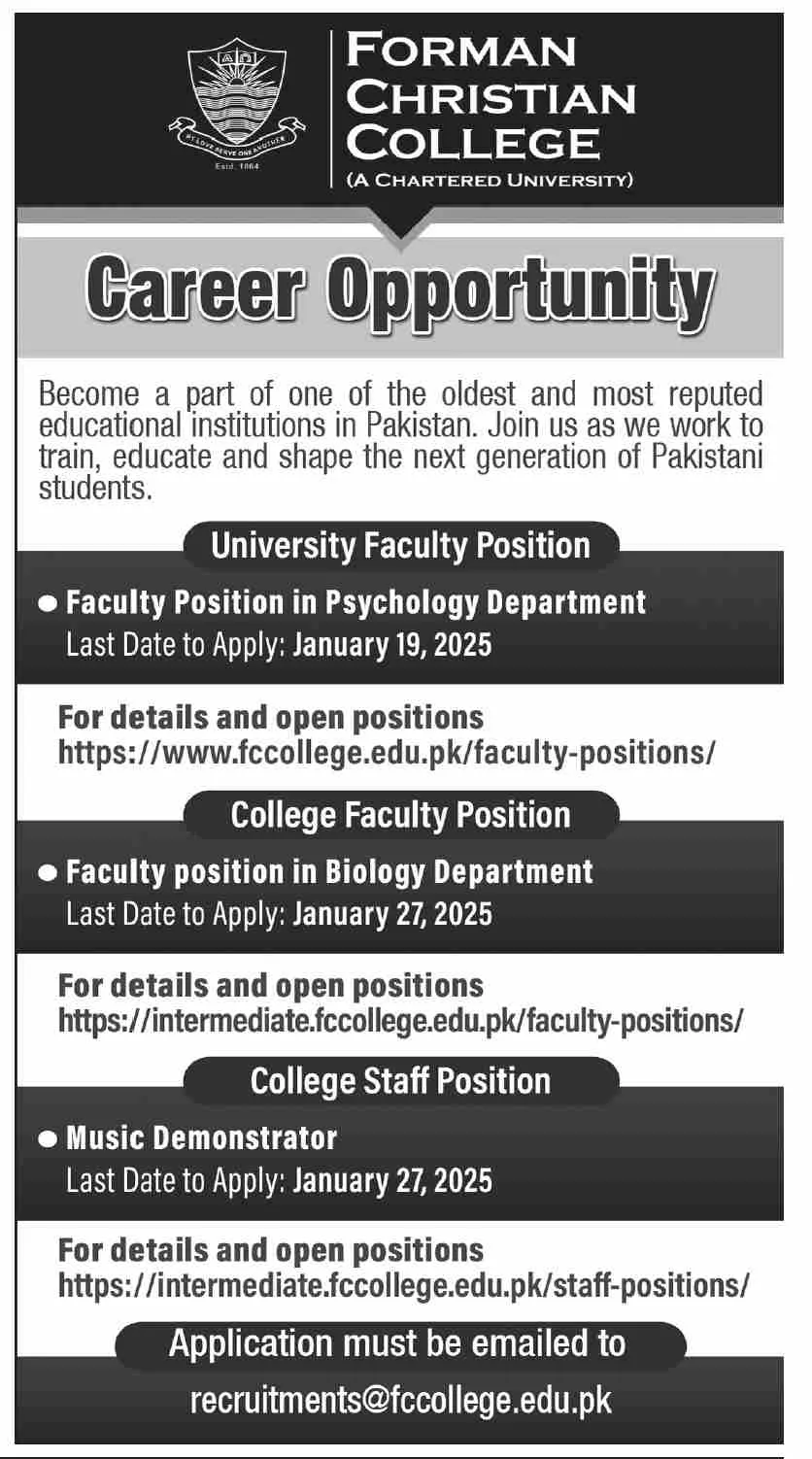 Forman Christian College Karachi Jobs 2025 Advertisement