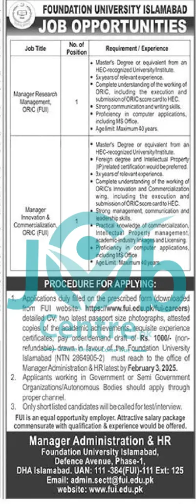 Foundation University Islamabad Jobs 2025 Advertisement