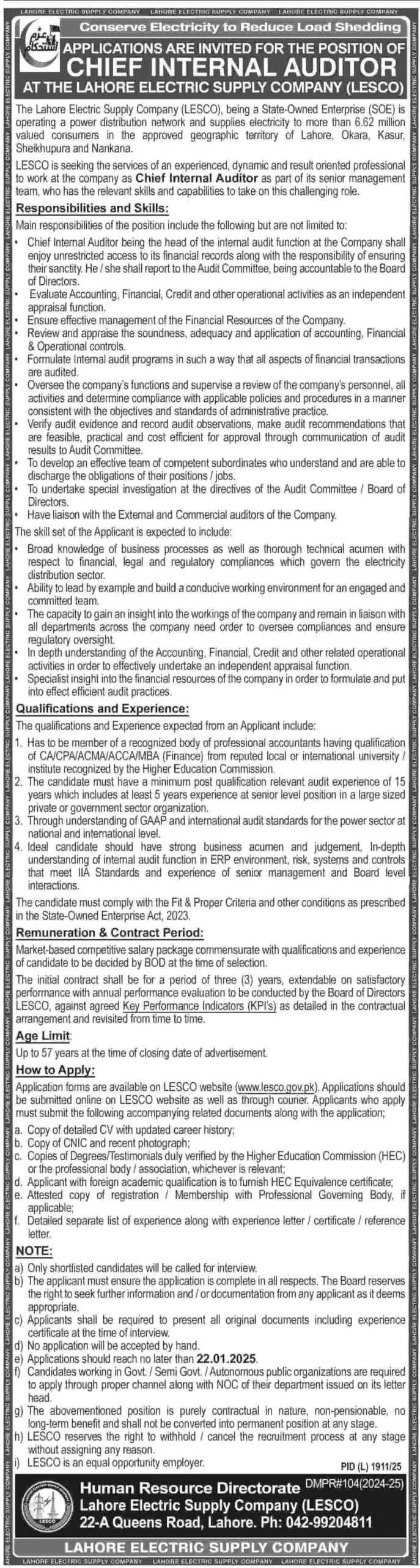 Lahore Electric Supply Company LESCO Jobs 2025