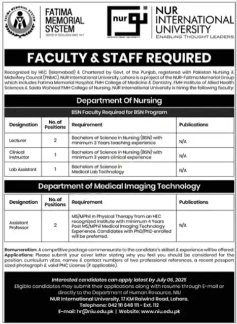 Lastest NUR International University Lahore Jobs 2025 Advertisement