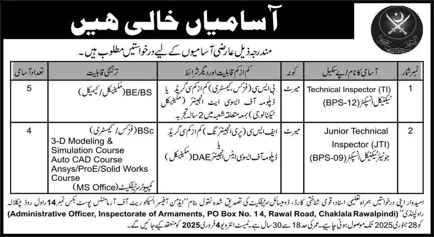 Inspectorate Of Armaments Chaklala Rawalpindi jobs 2025 Advertisement