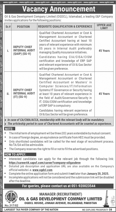 Oil and Gas Development Company Limited OGDCL Jobs 2025 Advertisement