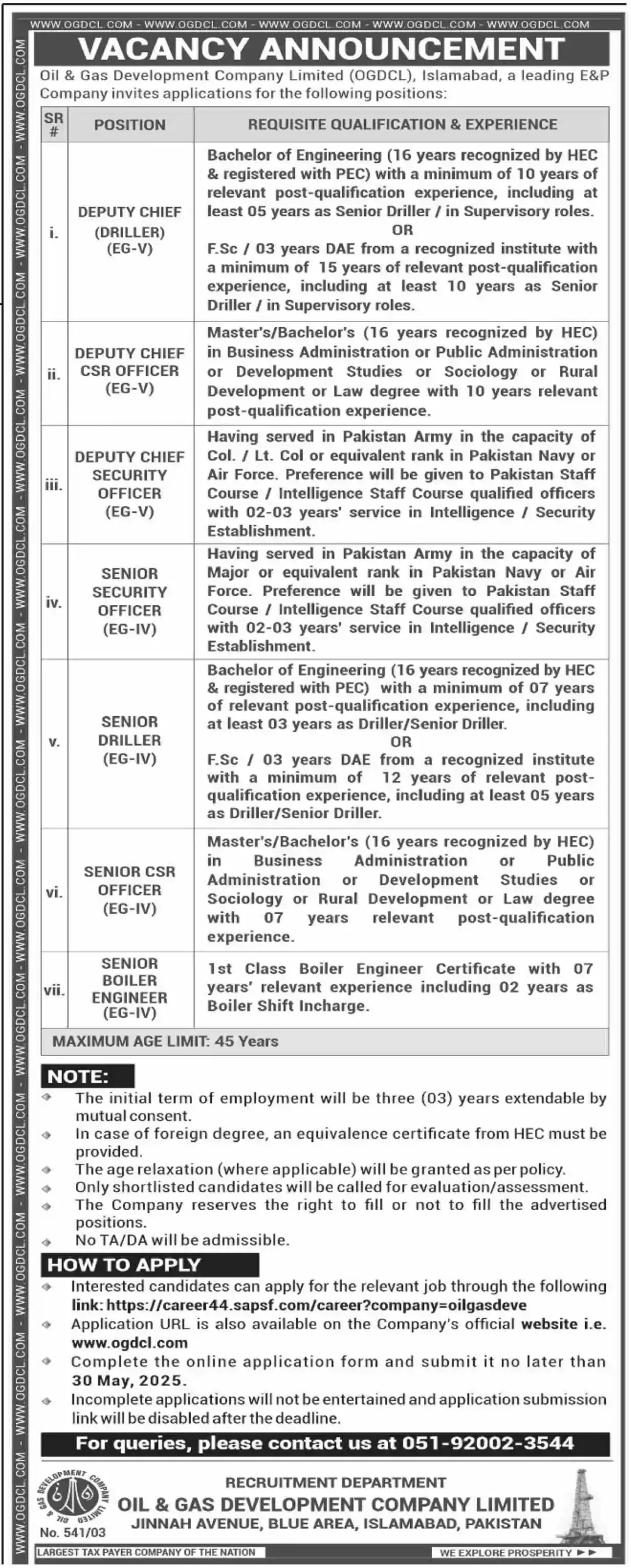 Oil and Gas Development Company Limited OGDCL Jobs 2025 Latest Advertisement