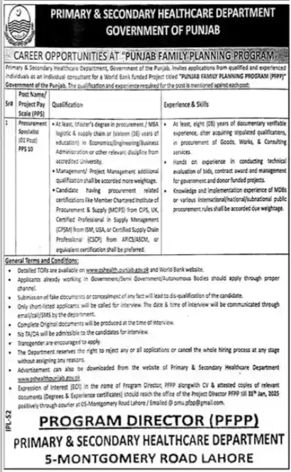 Punjab Family Planning Program Jobs 2025 Advertisement