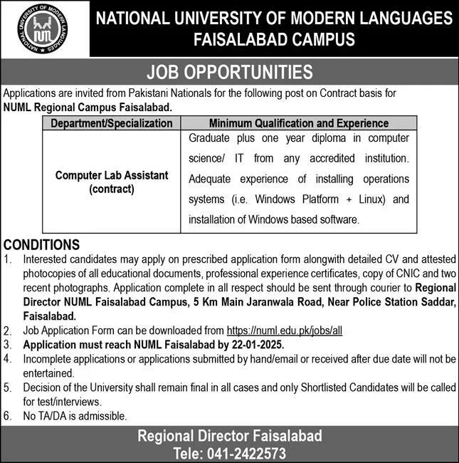 NUML University Faisalabad Campus Jobs 2025 Advertisement