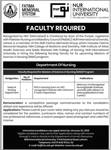 NUR International University Lahore Jobs 2025 Advertisement