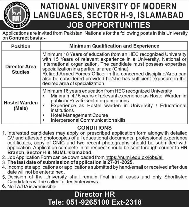 National University Of Modern Languages NUML Jobs 2025 Advertisement