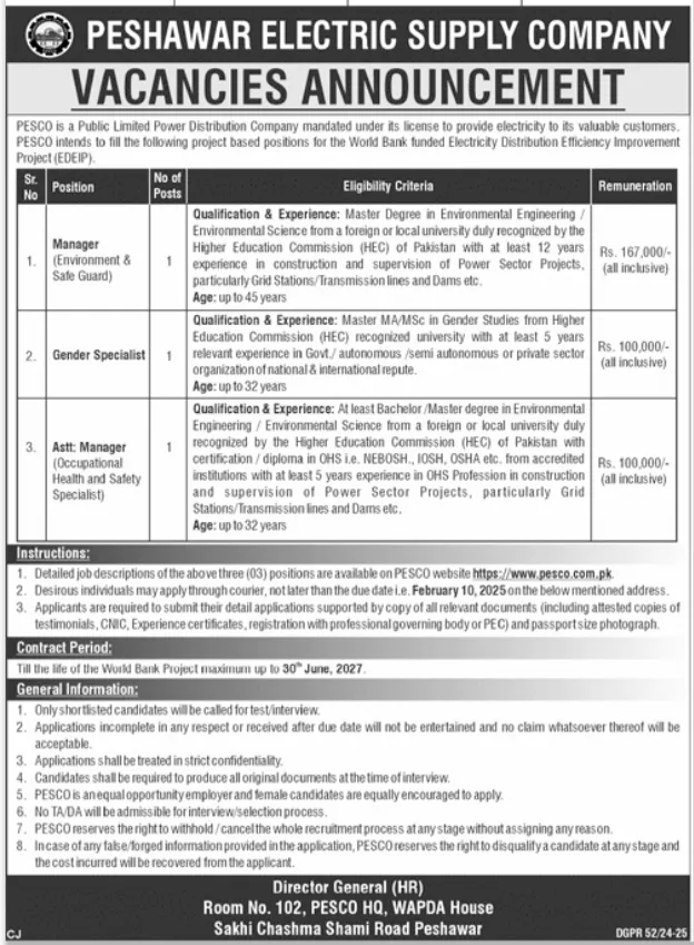 PESCO Peshawar Jobs 2025 Advertisement