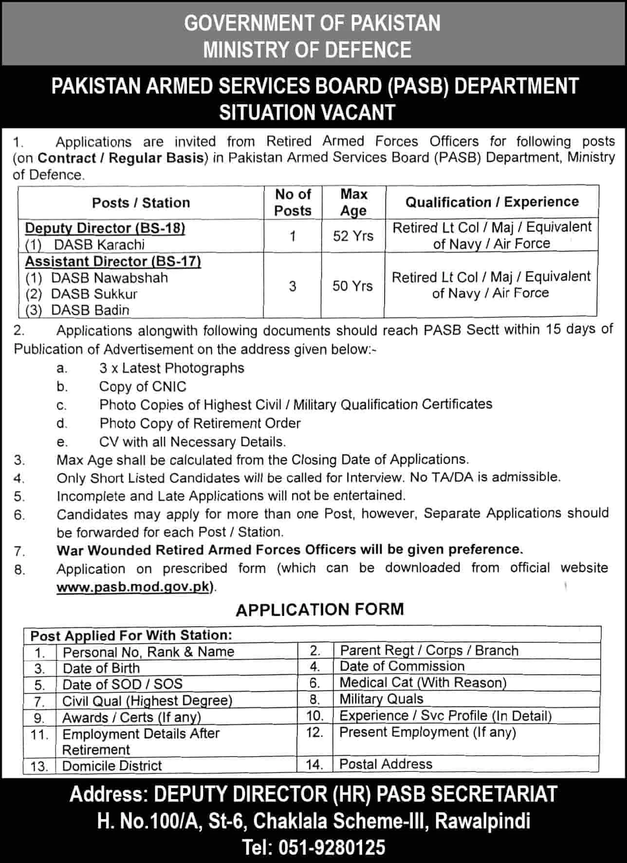 Pakistan Armed Services Board PASB Jobs 2025 Advertisement