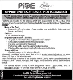 Pakistan Institute of Development Economics PIDE Jobs 2025 Advertisement