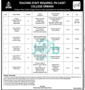 Pakistan Navy Cadet College Ormara Jobs 2025 Advertisement