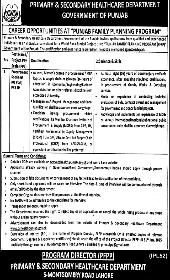 Primary and Secondary Healthcare Department PSHD Jobs 2025 Advertisement