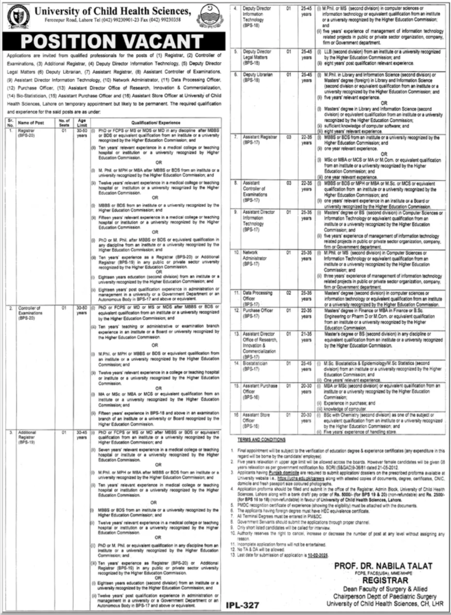 University of Child Health Sciences UCHS Jobs 2025 Advertisement