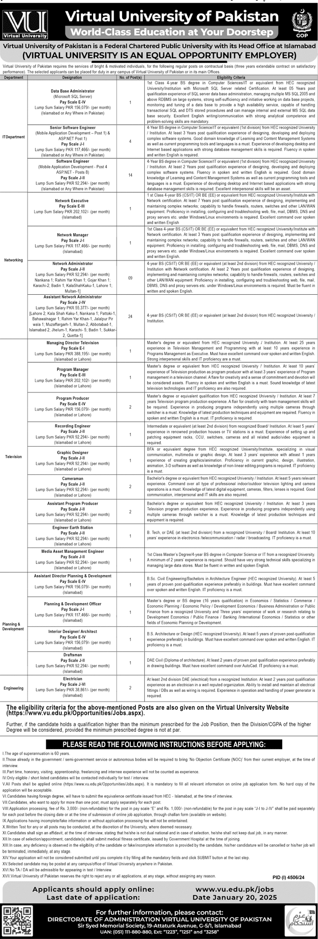 Latest Virtual-University-of-Pakistan-VU-Jobs-2025 Advertisement: