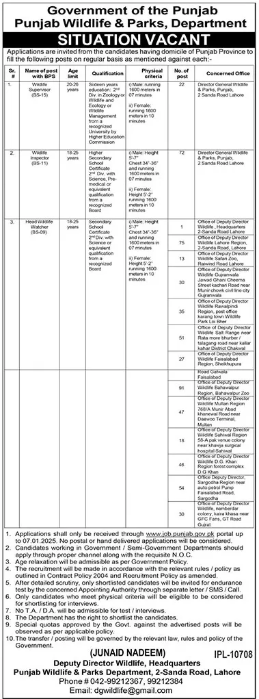 Wildlife Inspector Jobs 2025 Advertisement (BPS-09 to 15)