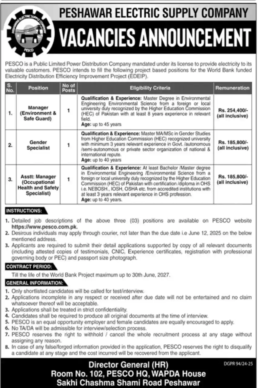 PESCO Jobs 2025 Latest Advertisement: