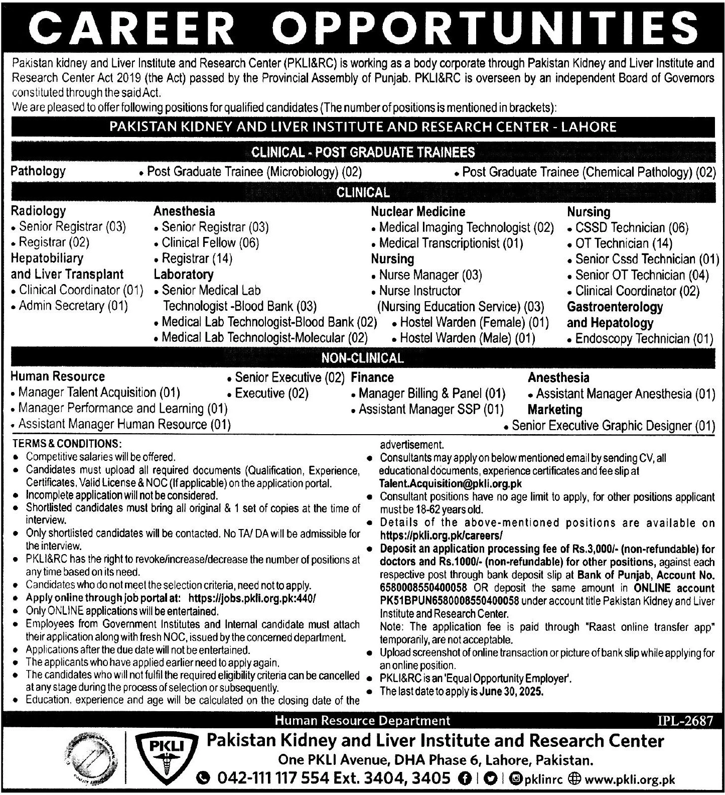 lastest PKLI Lahore Jobs 2025 Advertisement