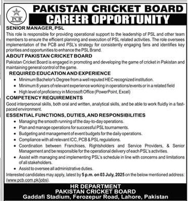 Lastest Pakistan Cricket Board PCB Lahore Jobs 2025 Advertisement