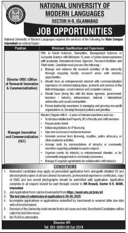NUML Islamabad Jobs 2025 Today Advertisement