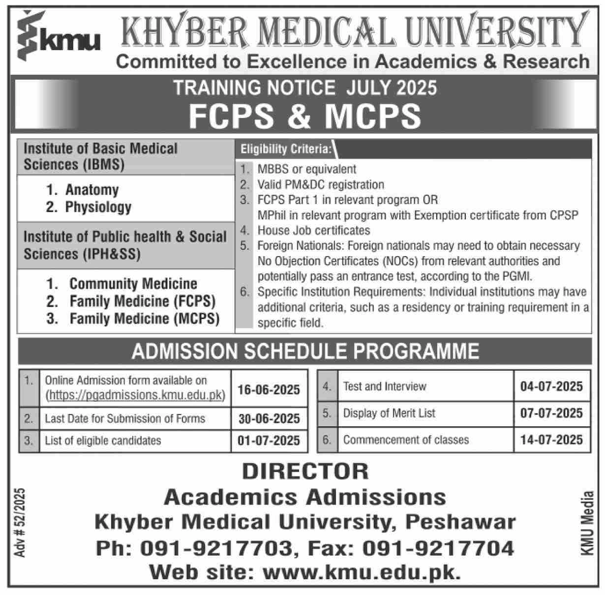 kpk Khyber Medical University KMU Jobs 2025 Ad