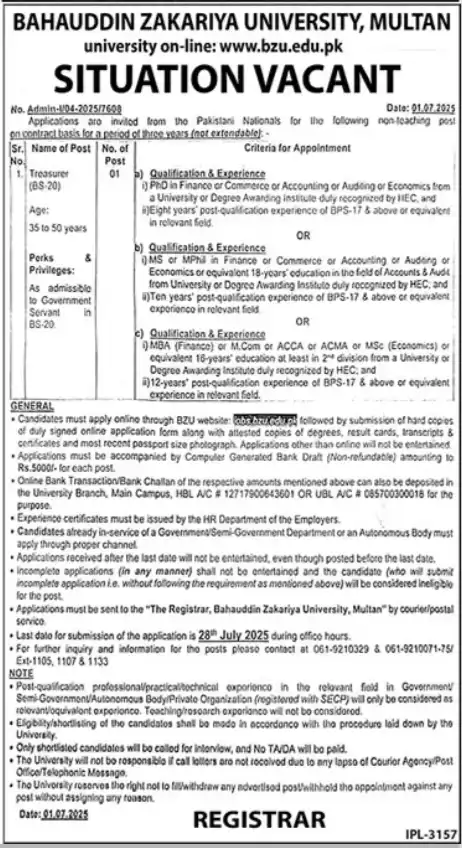 lastest Bahauddin Zakariya University BZU Jobs 2025 Latest Advertisement