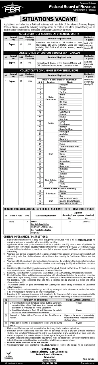  FBR Sipahi Jobs 2025 Advertisement