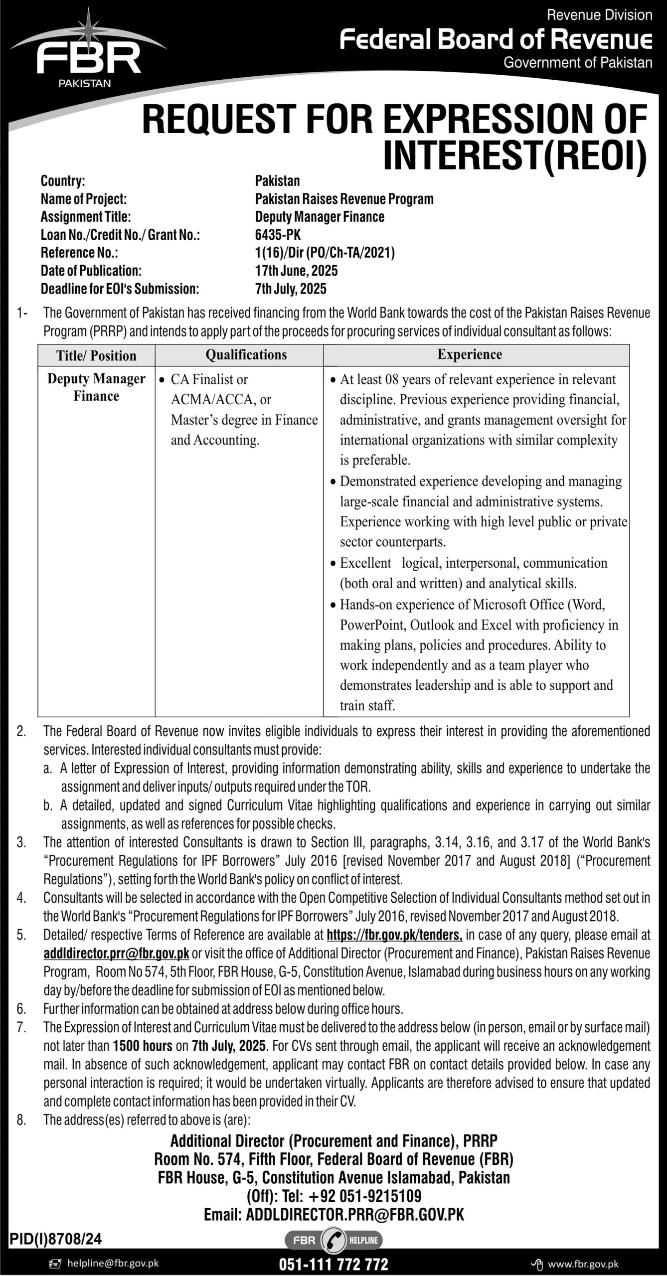 FBR Jobs 2025 Federal Board of Revenue Advertisement
