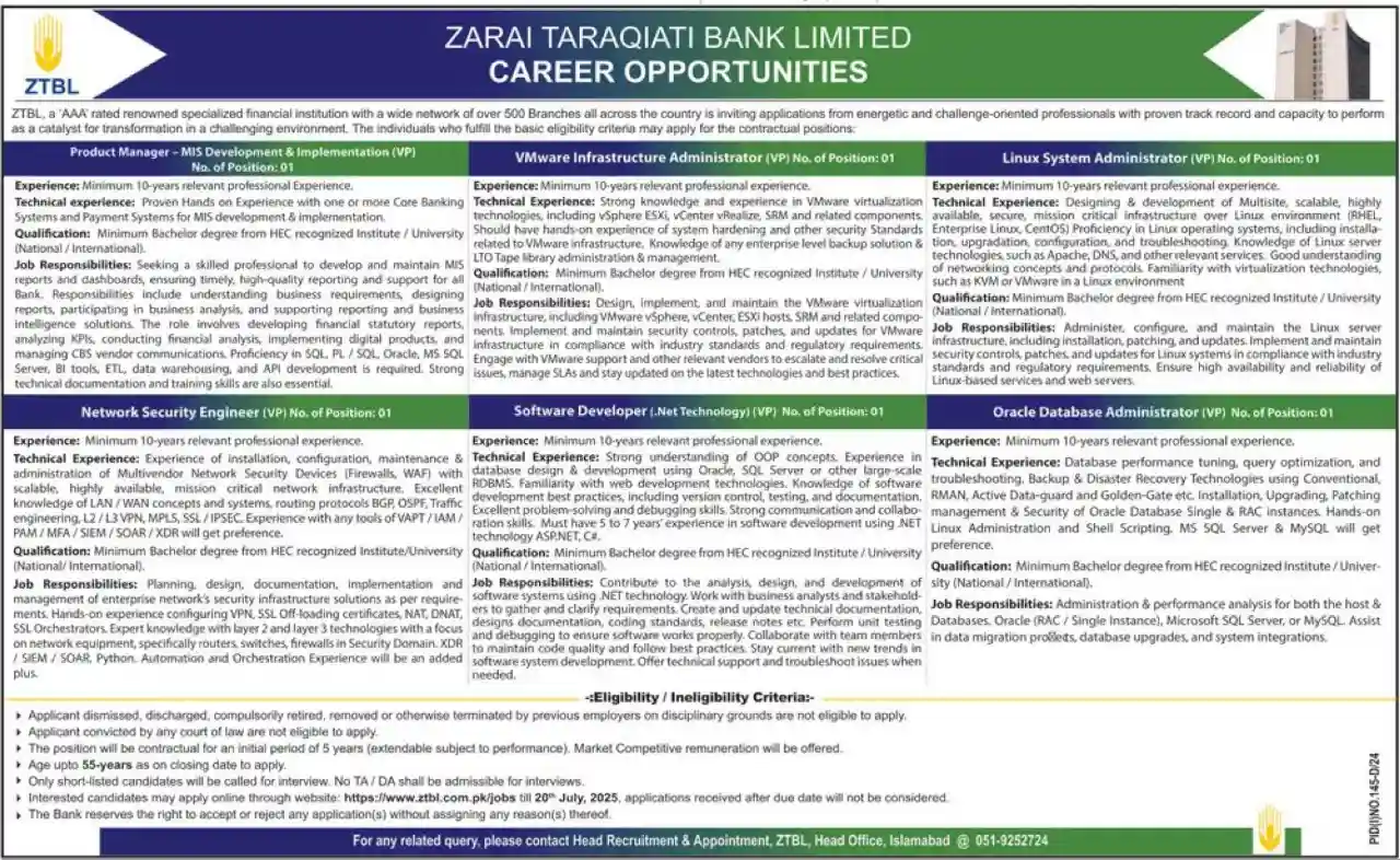 Zarai Taraqiati Bank Limited ZTBL Jobs 2025 Today Advertisement