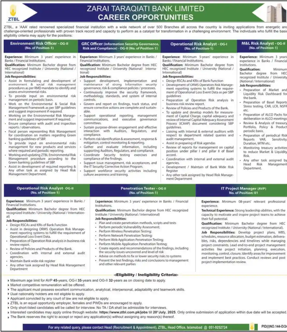 Zarai Taraqiati Bank Limited ZTBL Jobs 2025 Today Advertisement