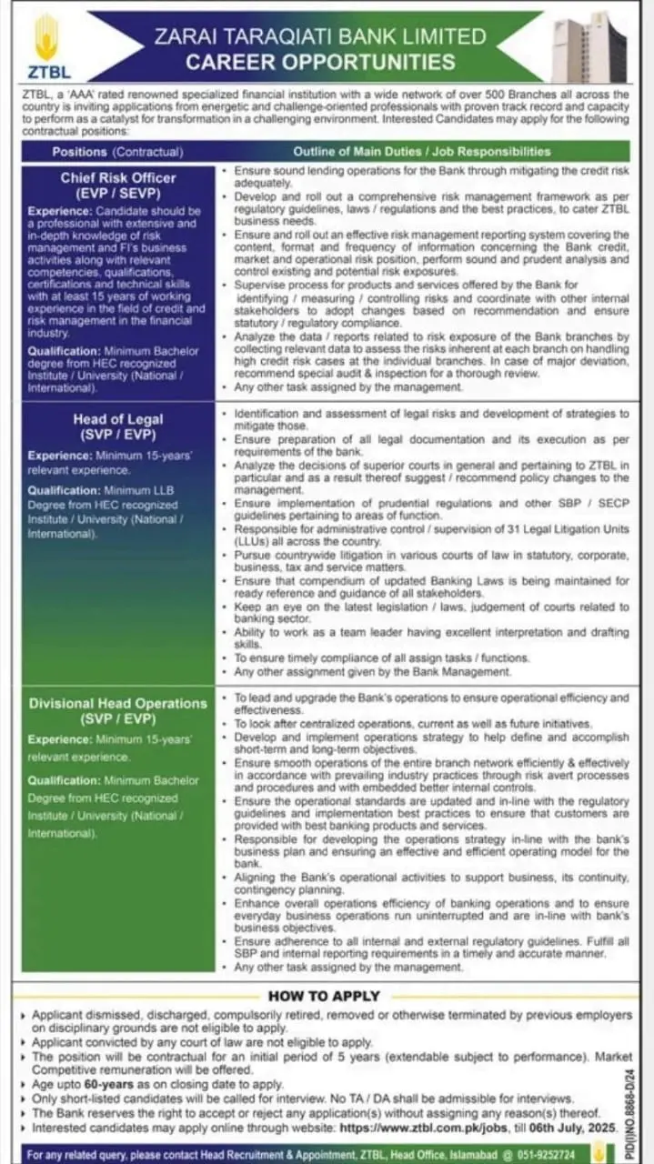 Zarai Taraqiati Bank Limited ZTBL Jobs 2025 Today Advertisement