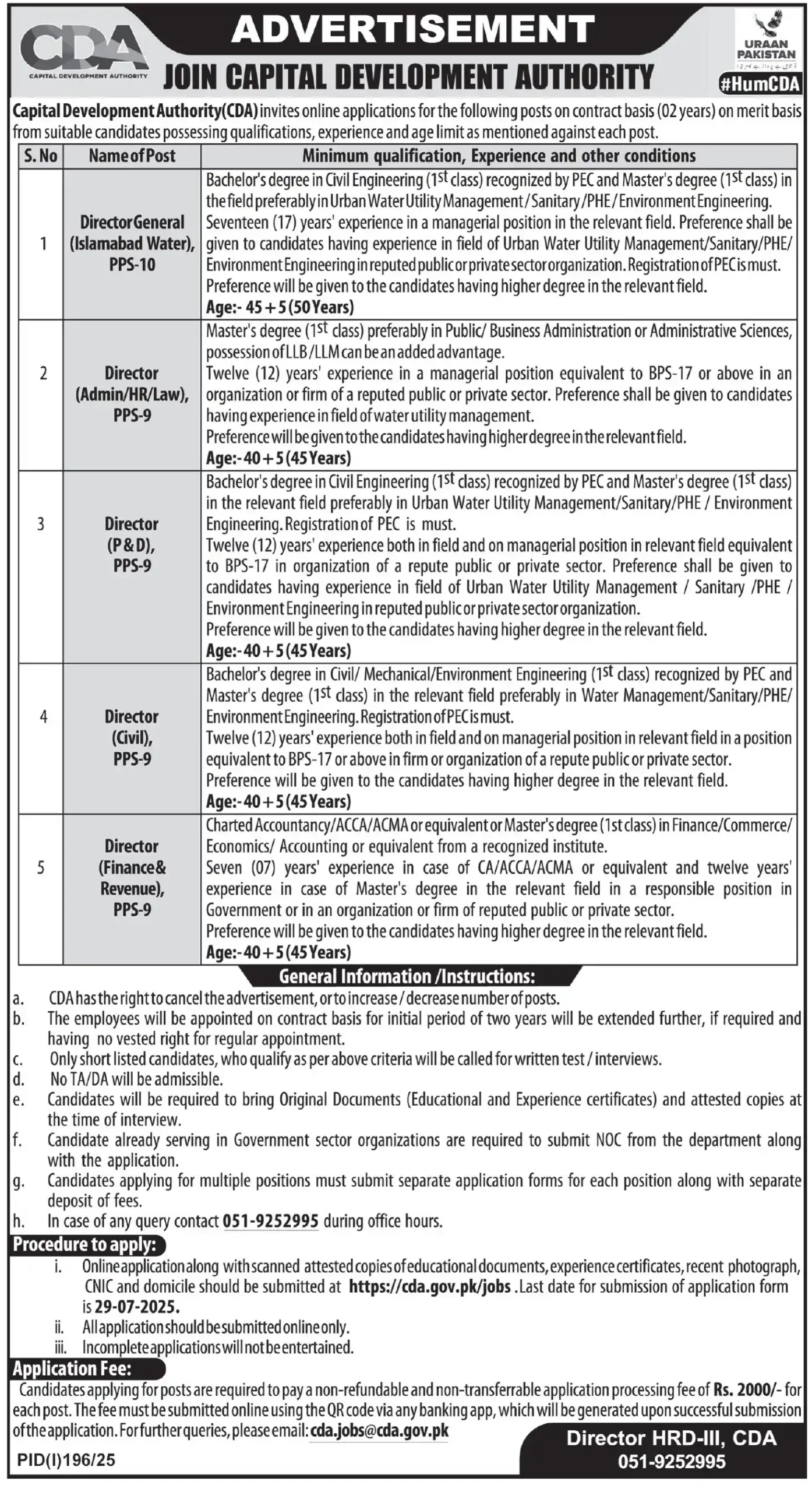 kpk Capital Development Authority CDA Jobs 2025 Advertisement