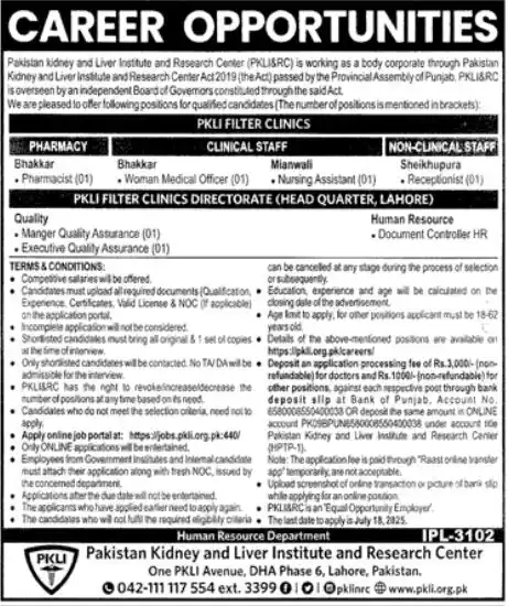 lastest PKLI Lahore Jobs 2025 Advertisement